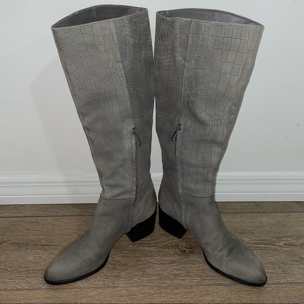 Gray Crocodile Pattern Knee-High Boots - image 1